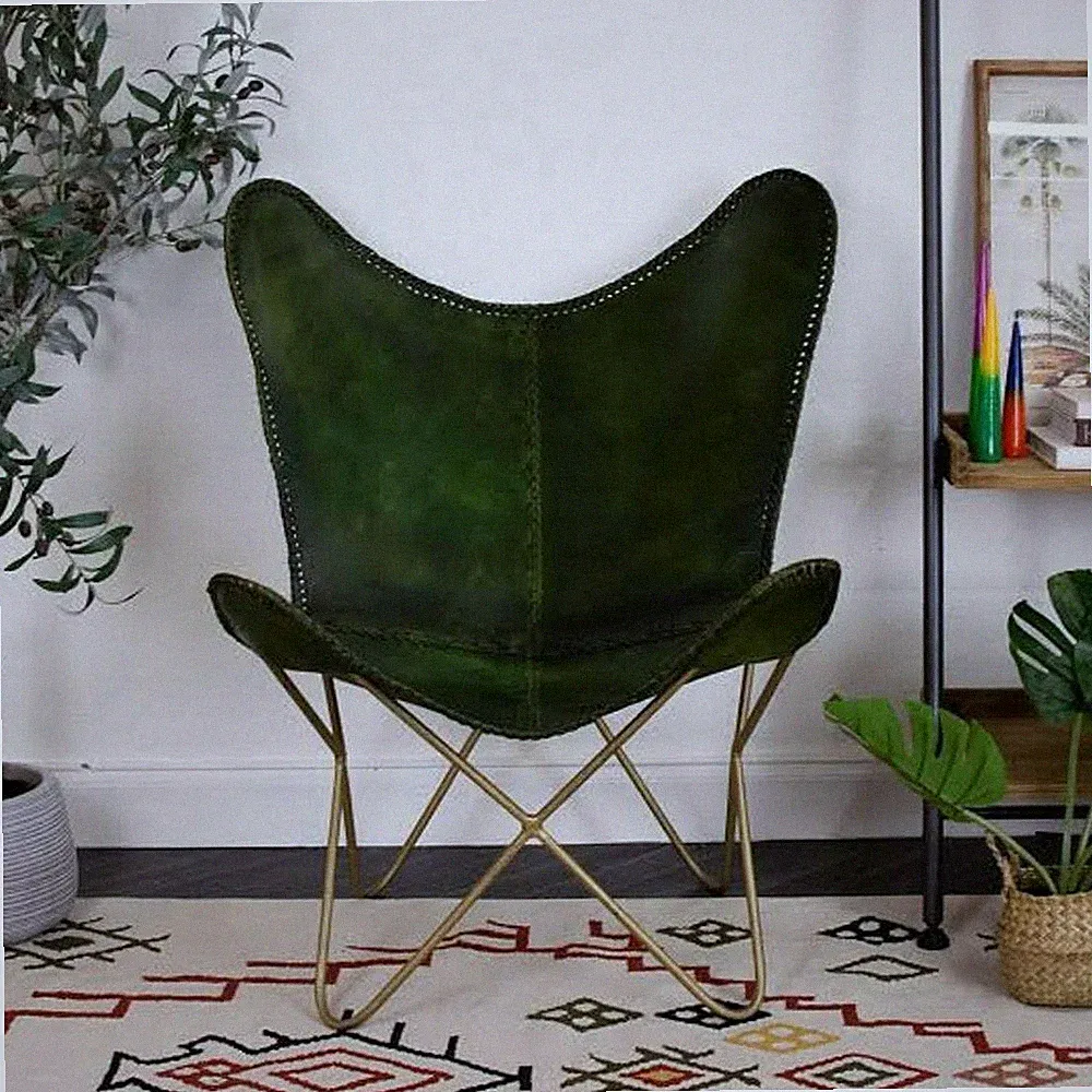 2 Handmade Green Buffalo Leather Butterfly Relax Chair Folding Iron Frame Plw