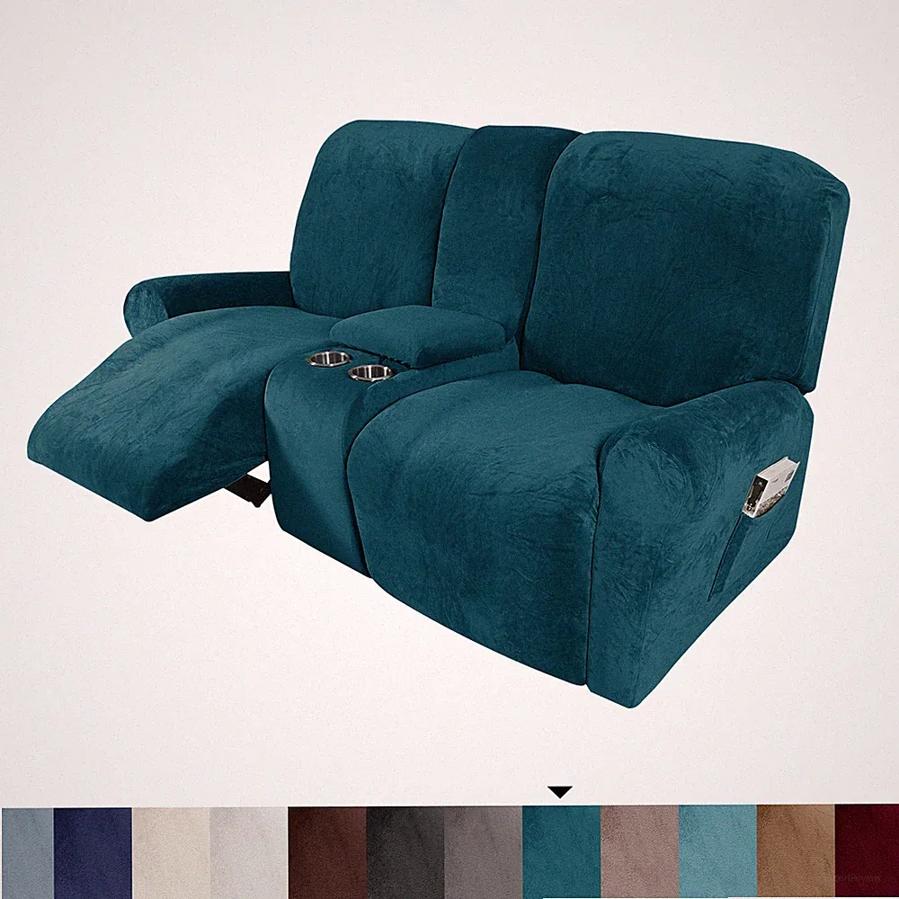 2 Seat Reclining Loveseat Slipcover w/ Middle Console Velvet Stretch Sofa Covers