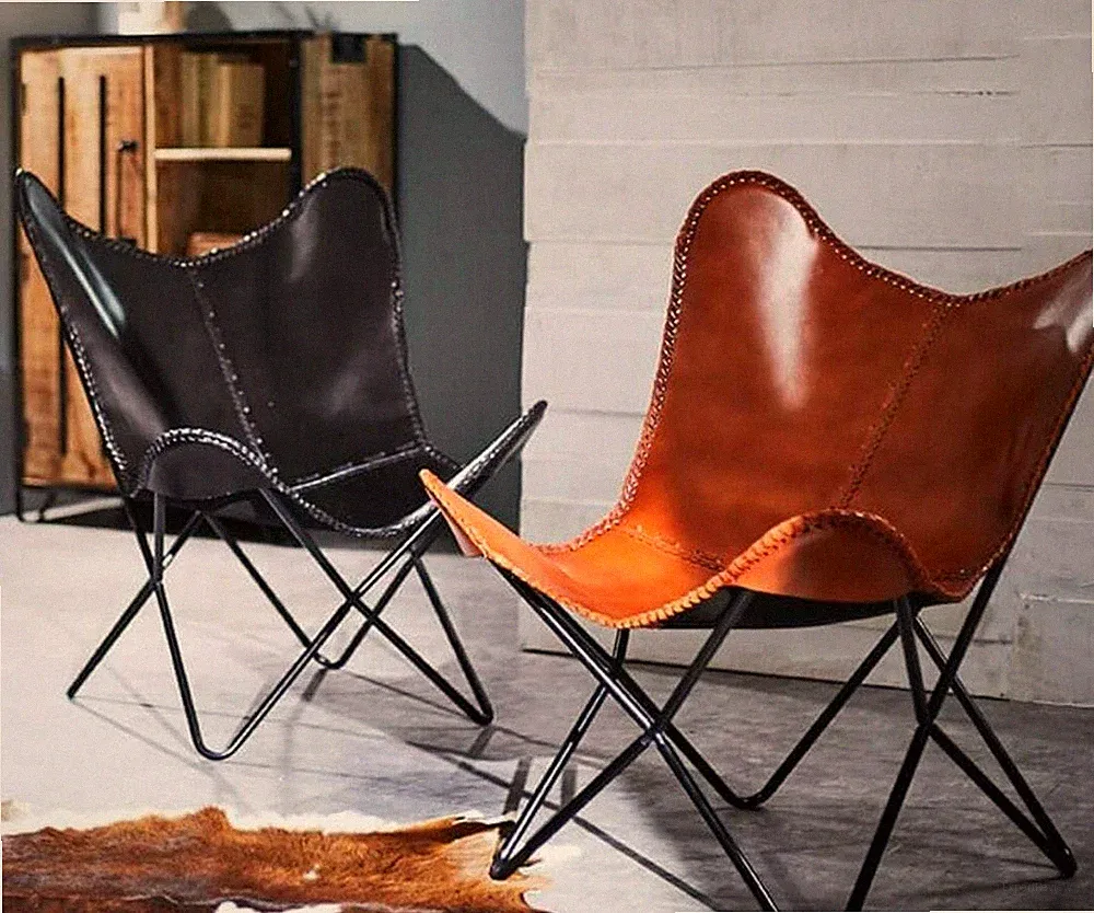 Handmade Vintage Leather Butterfly Relax Chair Rustic Sling Lounge Seat 2pc Plw