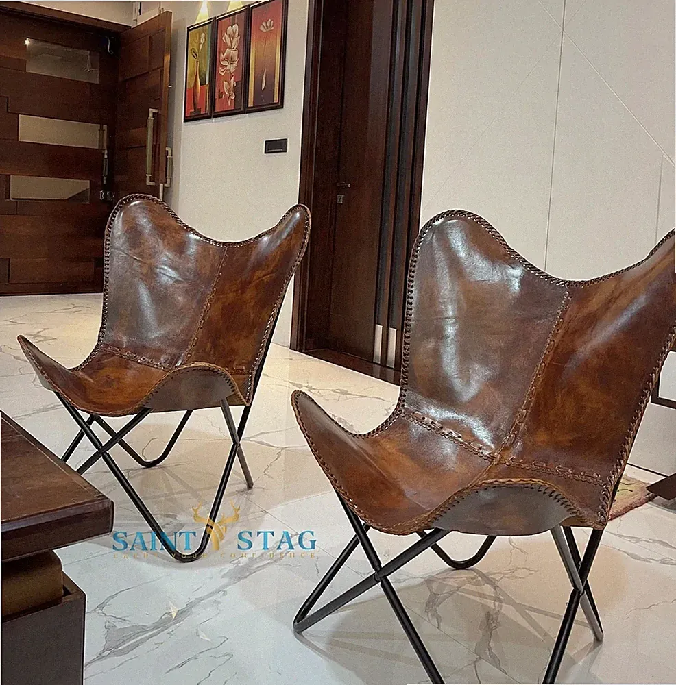 2Pcs Vintage Classic Handmade Rustic Leather Lounge Accent Relax Butterfly Chair