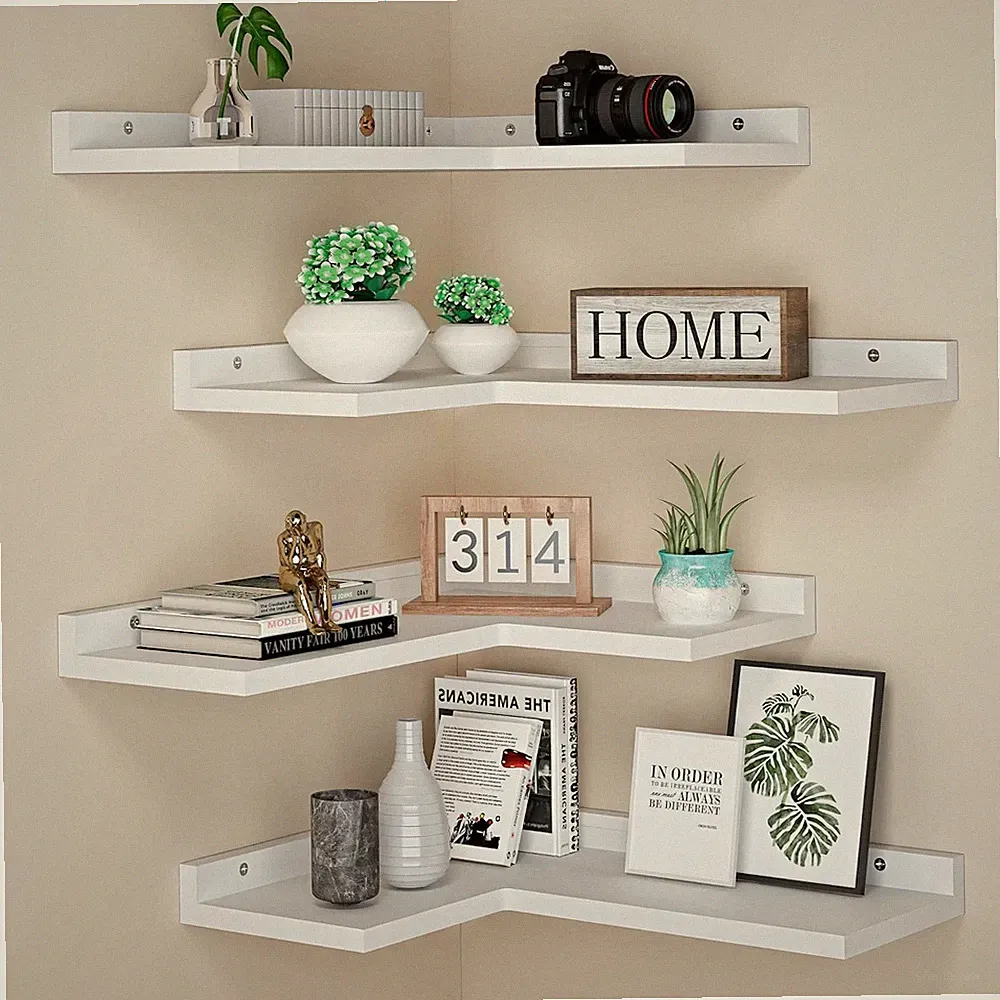 4 Tier Rustic White Floating Corner Shelves Set for Home Décor & Storage