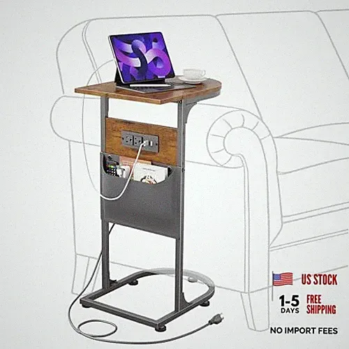 C Shaped End Table with Charging Station, Small Charging Station Rustic Brown