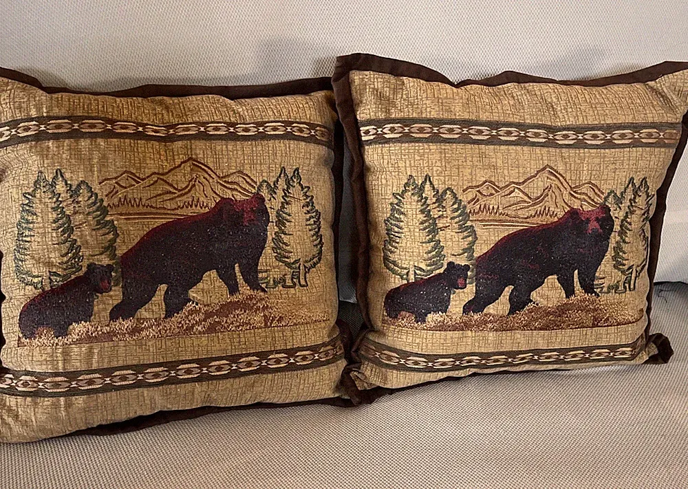 Cabin And Country Pillow Brown Faux Suede Bear And Cub Rustic pillows 18”x17”x6”