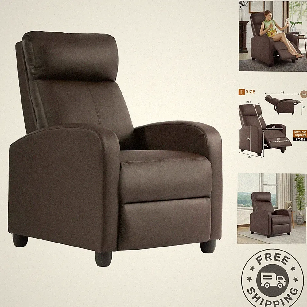 Comfortable Padded Brown Leather Recliner Chair for Home Theater & Living Rooms