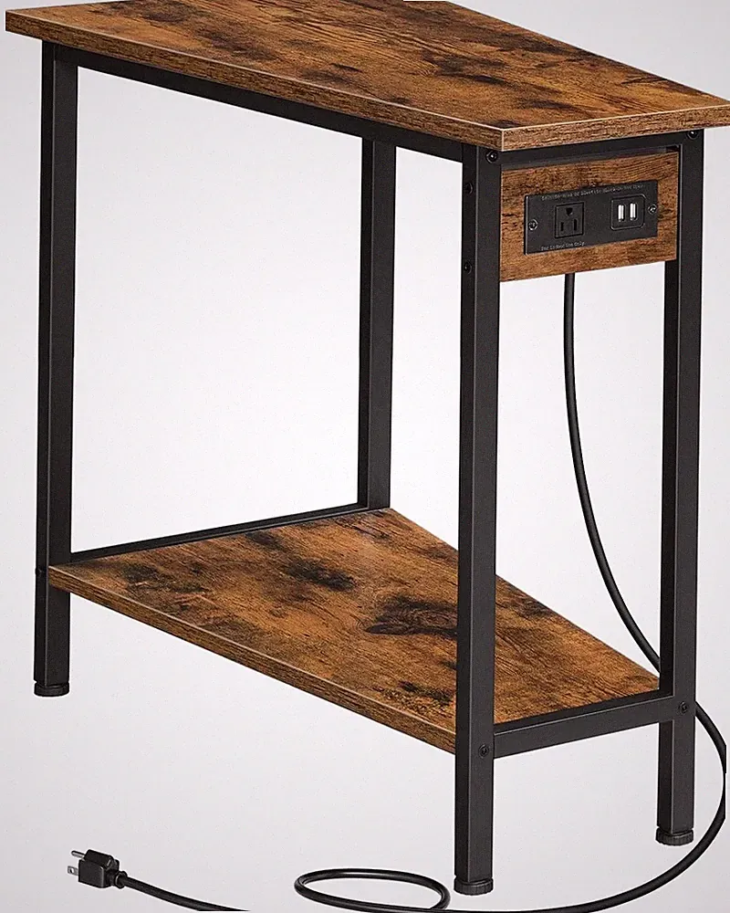 HOOBRO Wedge End Table with Charging Station, Recliner Rustic Brown and Black