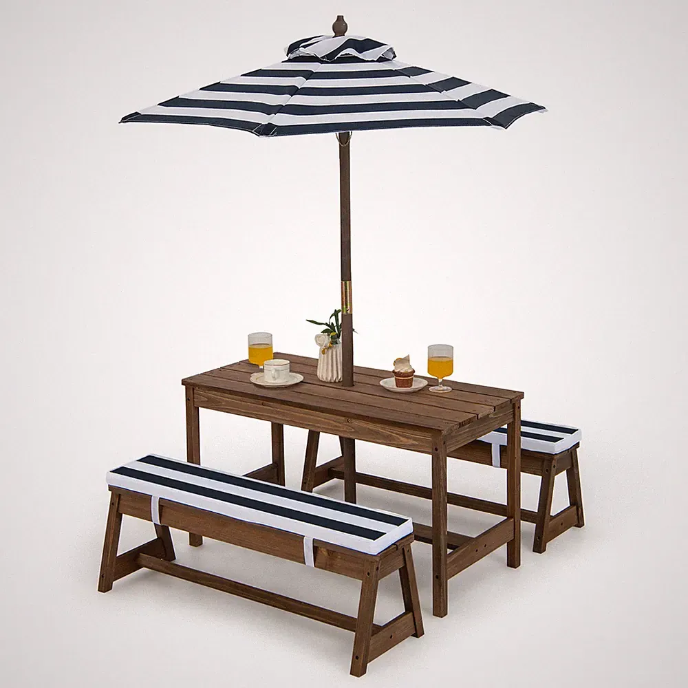 Kids Wood Picnic Table and Bench Set w/ Cushions Umbrella for Indoor Outdoor