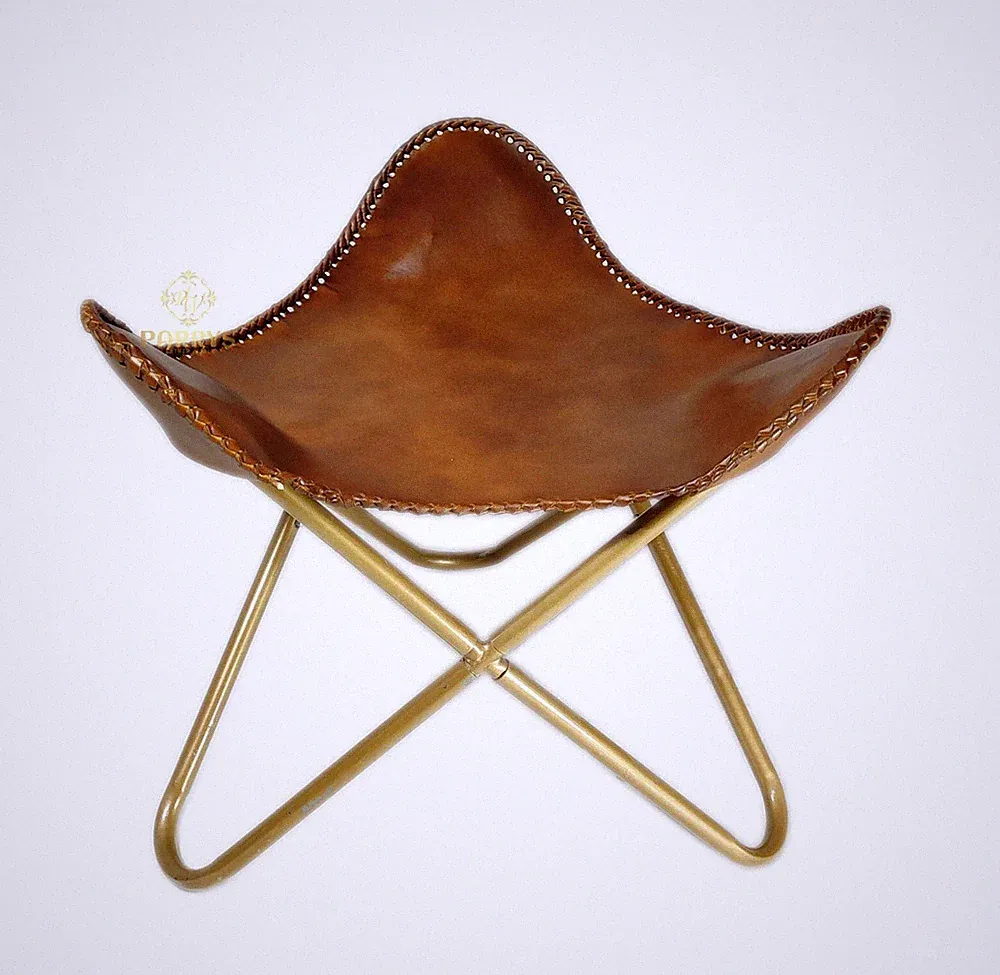 Leather Butterfly Chair with Footstool Folding Lounge Accent Chair Handmade Plw