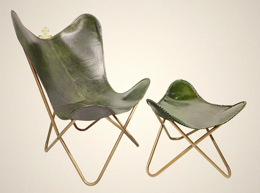Leather Butterfly Chair with Footstool Handmade Folding Lounge Chair Rustic Boho