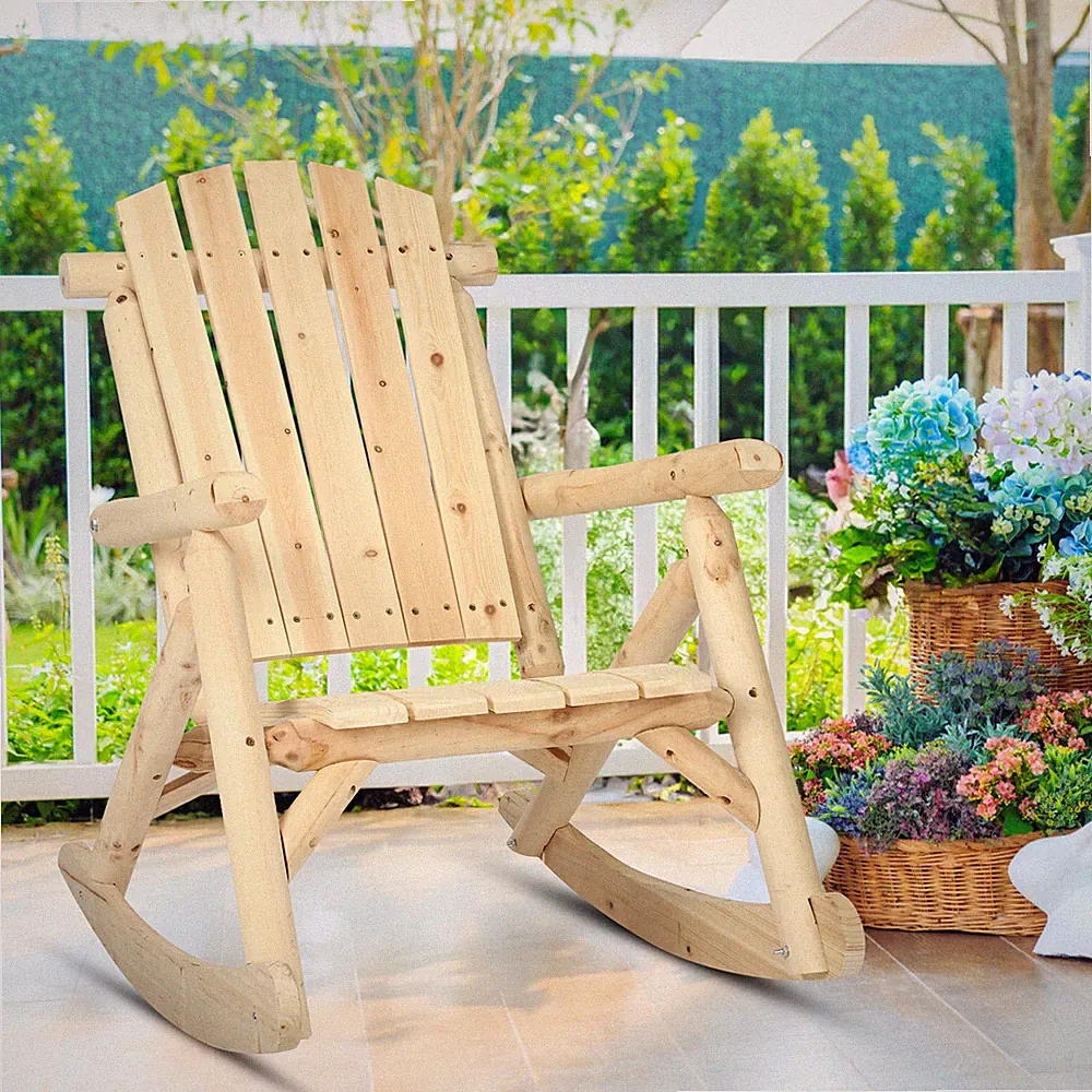 Log Rocking Chair Adirondack Wooden Porch Rocker Patio Deck Furniture Natural