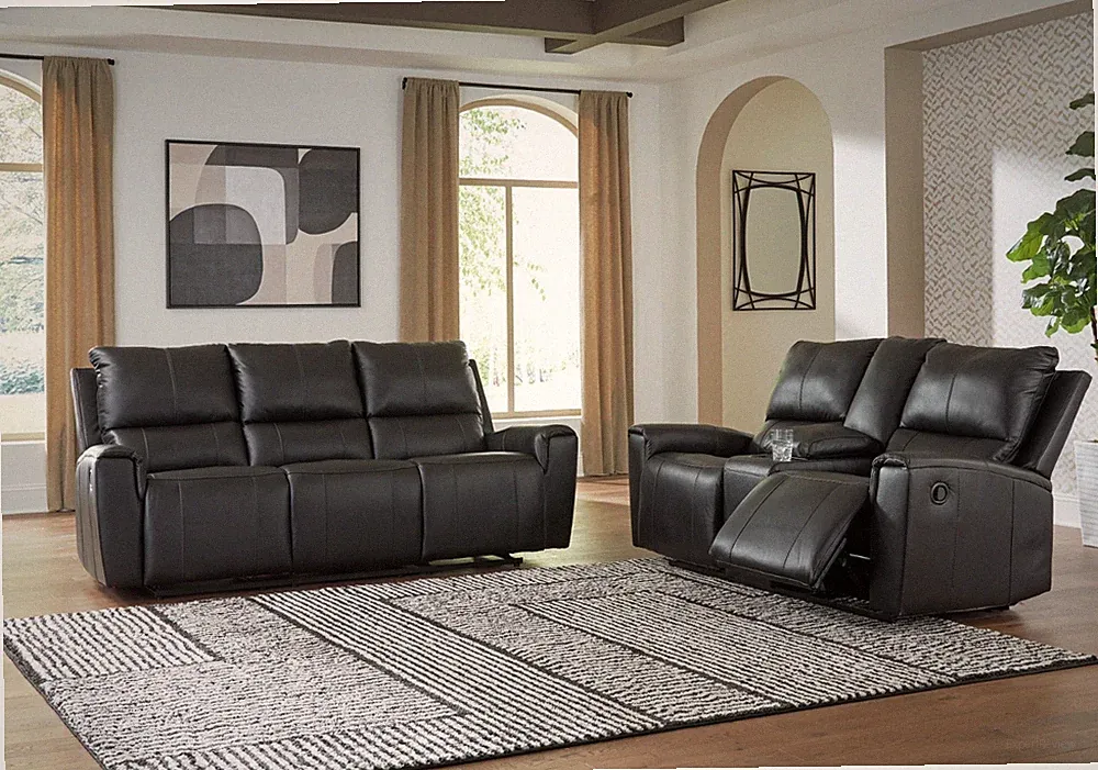 LUXURY Genuine Top-Grain Leather 2PC Sofa Recliner Living Room Set Black