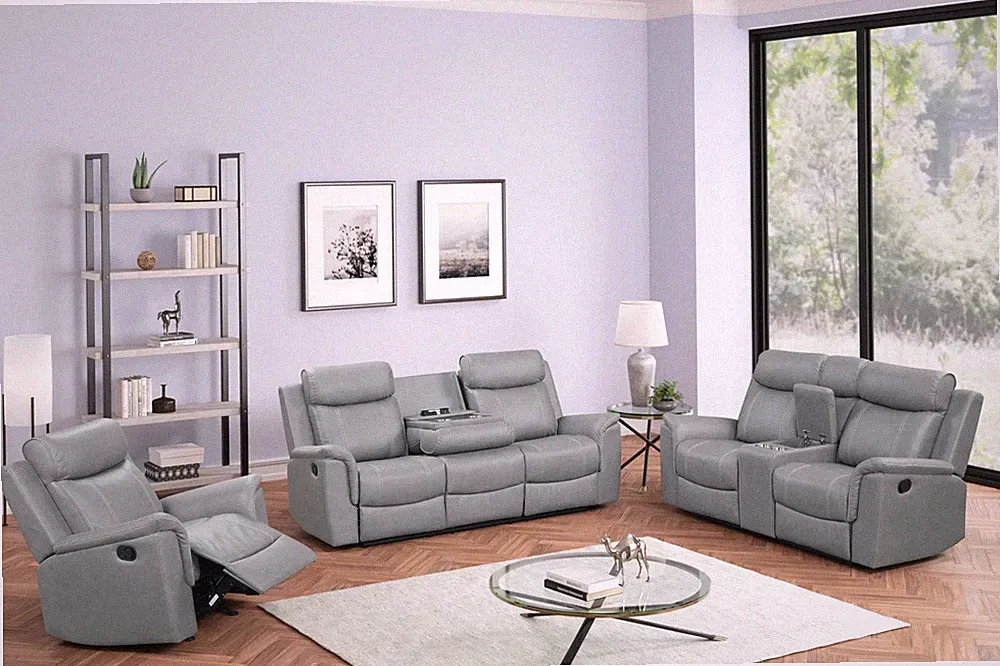 NEW 3PC Modern Rustic Gray Sofa Loveseat Chair Fabric Recliner Living Room Set