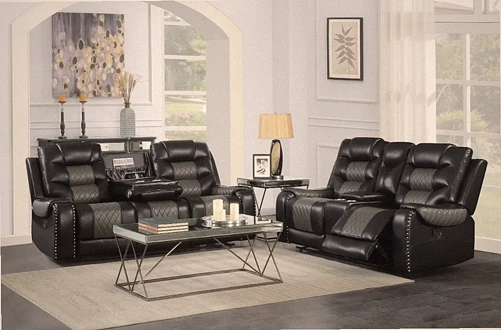 NEW Two-Tone 2PC Black Sofa Loveseat 4-Recliner Rustic Leather Living Room Set