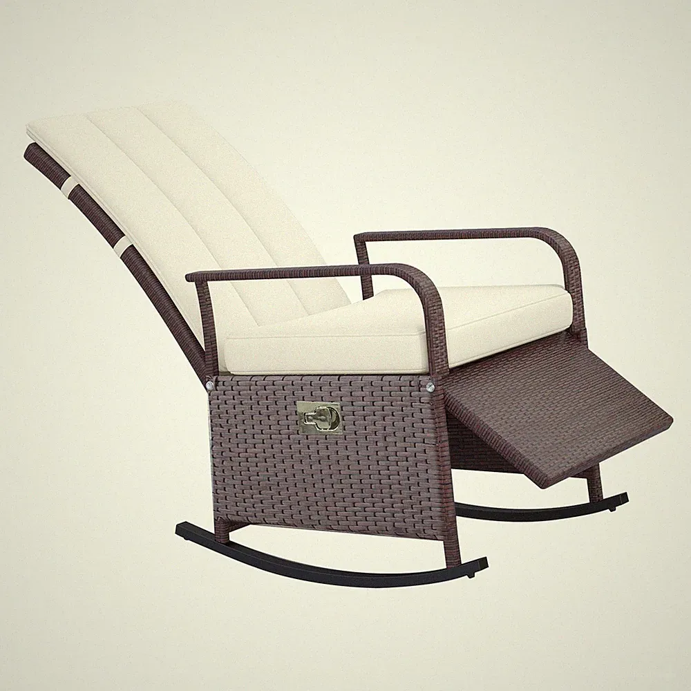 Outdoor Recliner Wicker Rattan Rocking Cushioned Patio Chair Porch 135° Lay-Flat