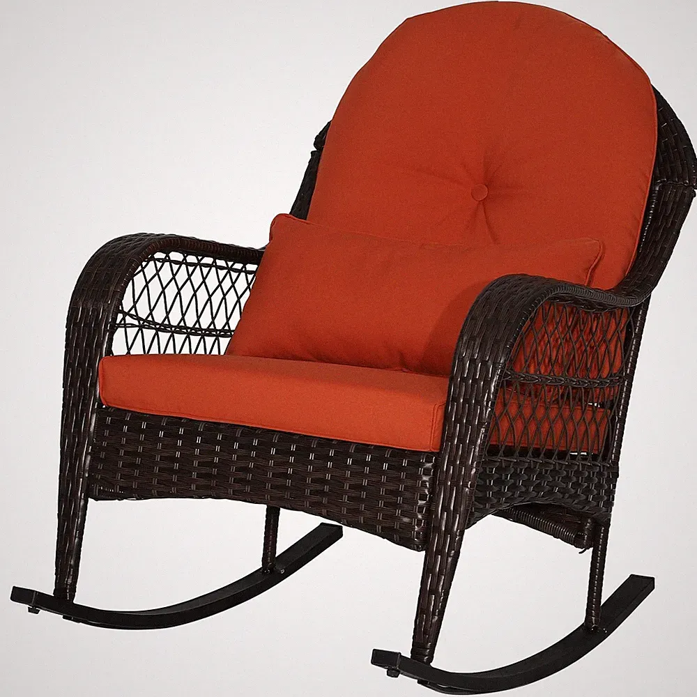 Outdoor Wicker Rocking Chair, Patio Rattan Rocker w/Lumbar Pillow, Padded Sea...
