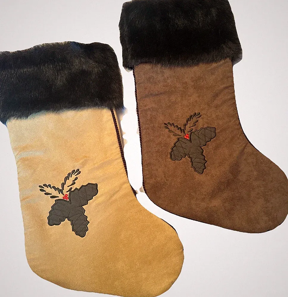 Pair Of Suede & Faux Fur Christmas Stockings 18” Tan & Brown Holly Rustic Cabin