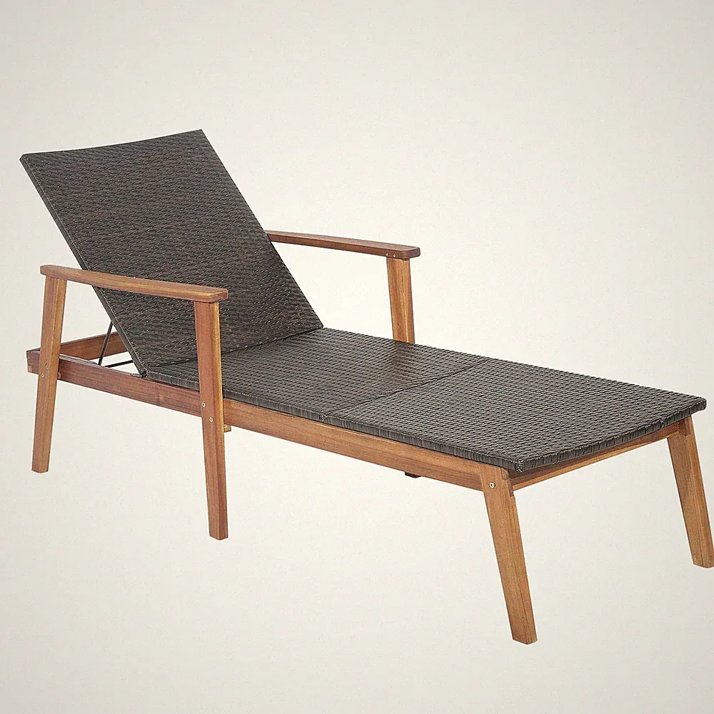 Patio Rattan Chaise Lounge Patio Recliner w/ Curved Seat & 4 Backrest Positions
