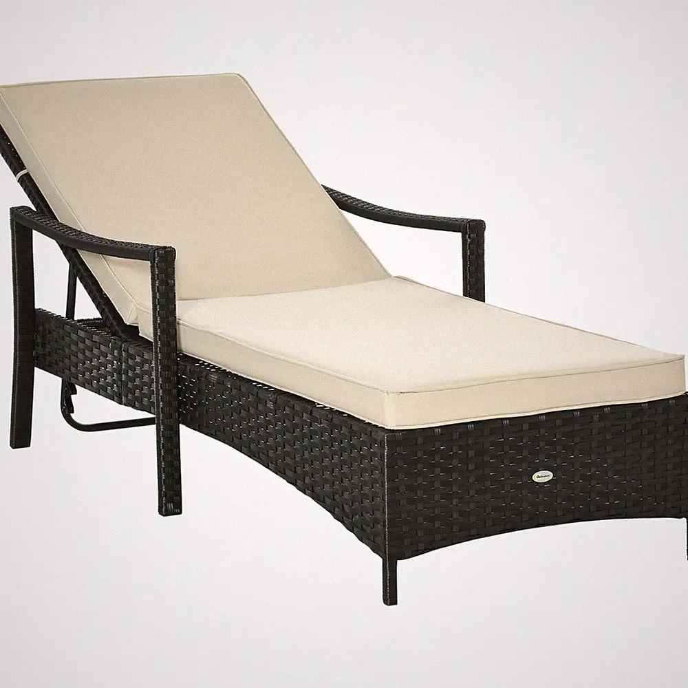 PE Rattan Chaise Lounge Chair 4-Position Reclining w/ Cushion Beige
