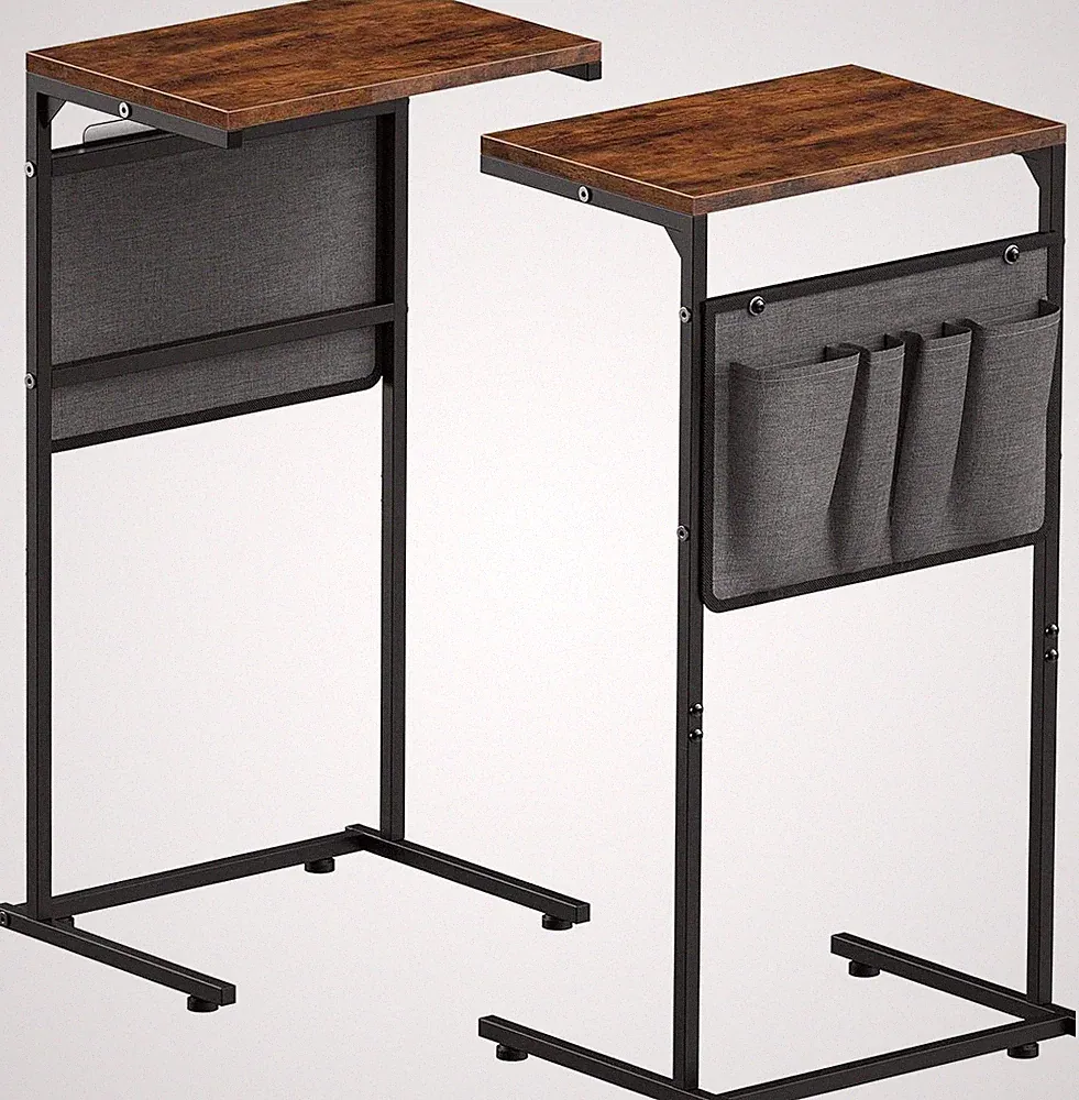 Rustic C Shaped End Table Set of 2 with Storage for Couch & Recliner