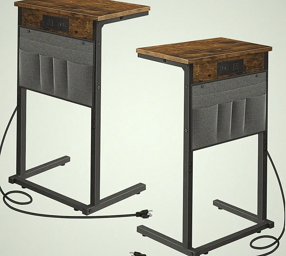 Rustic C Shaped End Table Set with Charging Station for Small Spaces, 2 Pack