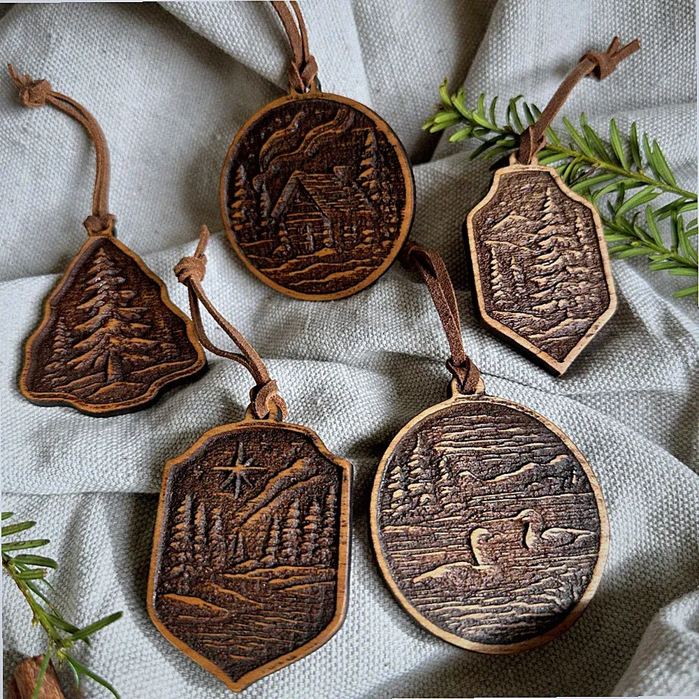 Solid Hardwood Northwoods Ornament Set - Northwoods Christmas Cabin Decor 3.5-4"