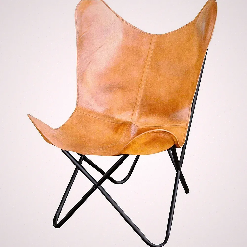 Tan Leather Butterfly Relax Lounge Chair Metal Frame Rustic Accent Seating Plw