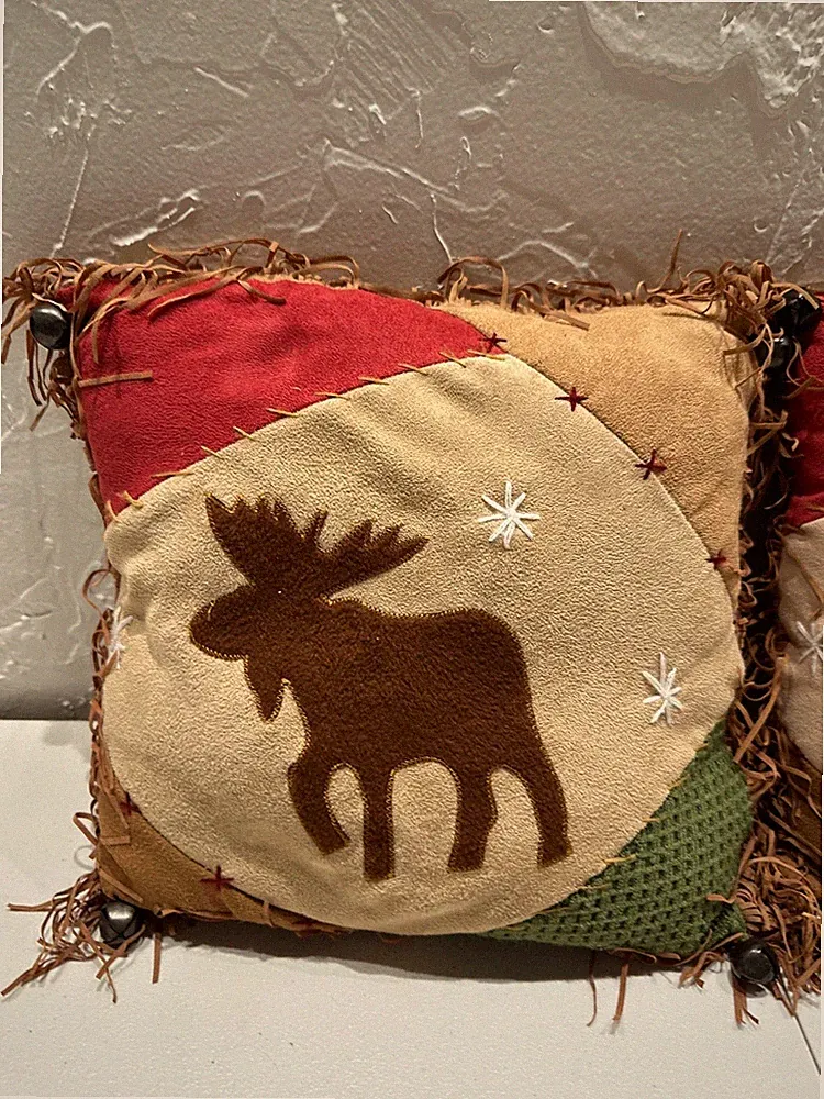 Vintage Hand Stitched Fringed Suede Accent Throw Pillow 12" Moose Rustic Cabin